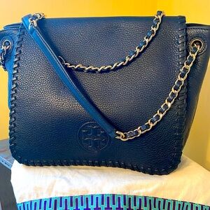💙Tory Burch Marion Small Navy Shoulder Bag  Leather & Chain Adjustable S…